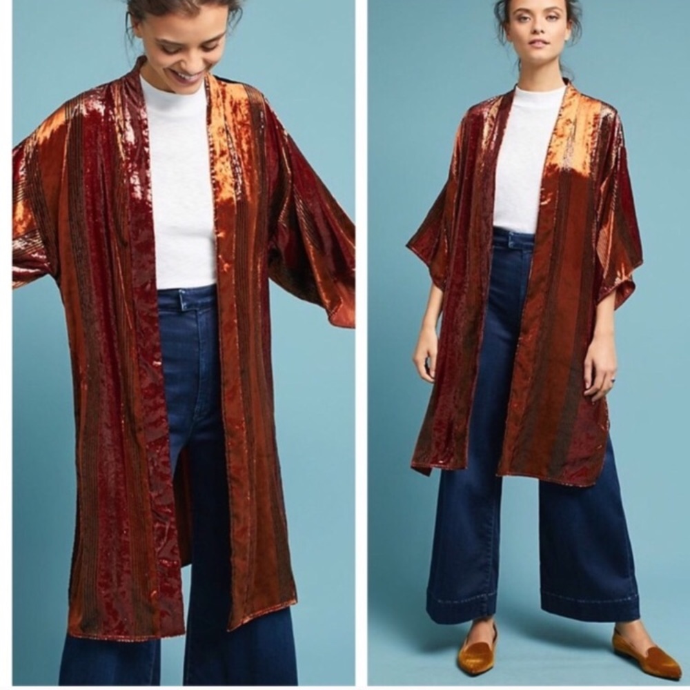 NWOT Anthropologie Velvet Orange Kimono Longline